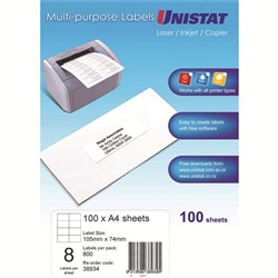 Unistat Laser Copier & Inkjet Labels 105x74mm 8UP 800 labels 100 sheets