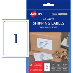 Avery Shipping Laser Labels White L7175 A6 105x148mm 1UP 25 Labels 25 Sheets