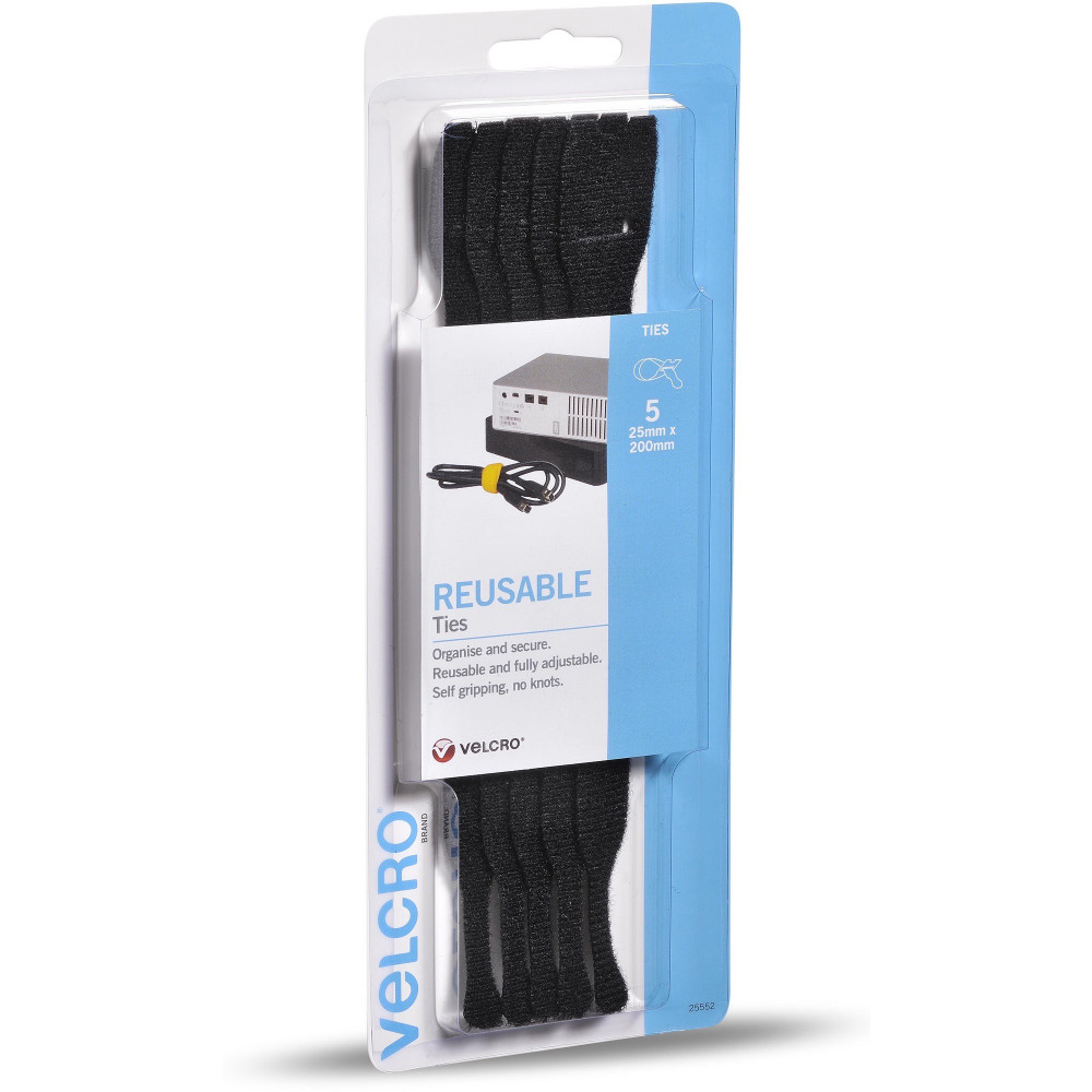 Velcro Brand Reusable Ties 25 x 200mm Black Pack Of 5