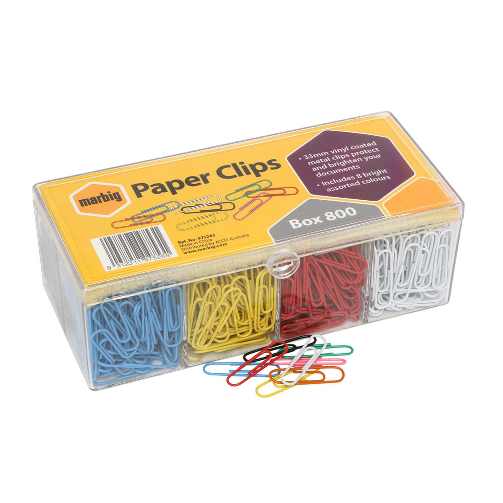 Marbig Paper Clips Large Vinyl Coated 33mm Assorted Colours Box Of 800