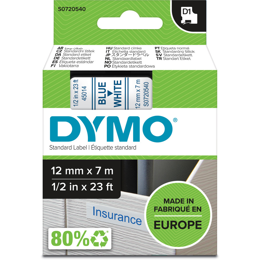 Dymo D1 Label Cassette Tape 12mmx7m Blue on White