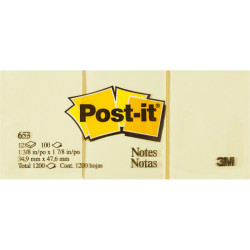 Post-It 653 Notes Original 36x48mm Yellow Pad 100 Sheets Pack of 12