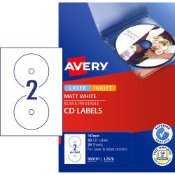 Avery Blank Printable CD Labels L7676 117mm Diameter White 2UP 50 Labels 25 Sheets