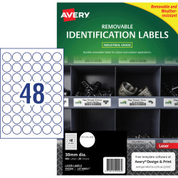 Avery Heavy Duty Removable Laser Labels White L4716 30mm Round 48UP 960 Labels