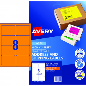 Avery High Visibility Shipping Laser Label Orange L7165FO  99.1x67.7mm 8UP 200 Labels