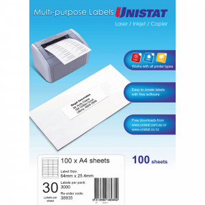 Unistat Laser Copier & Inkjet Labels 64x25.4mm 30UP 3000 Labels 100 Sheets