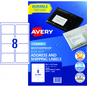 Avery Weatherproof Shipping Laser Labels White L7070 99.1x67.7mm 8UP 80 Labels