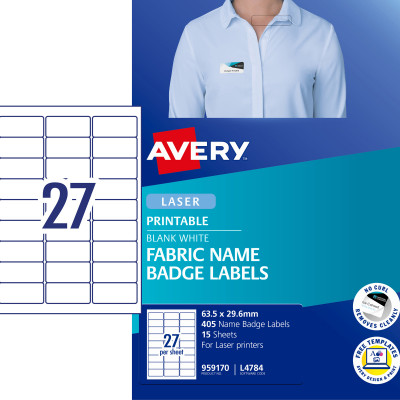 Avery Fabric Name Badge Labels L4784 Laser 63.5x29.6mm 27UP 405 Labels 15 Sheets