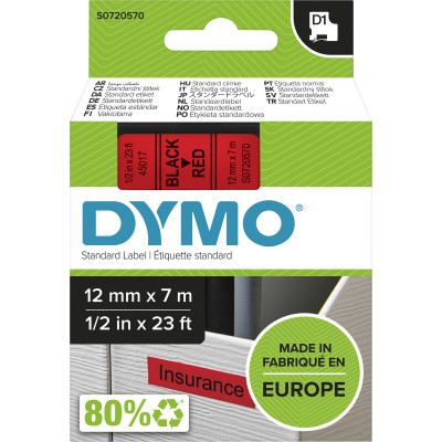 Dymo D1 Label Cassette Tape 12mmx7m Black on Red
