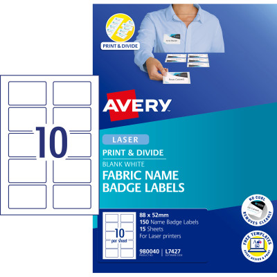 Avery Fabric Name Badge Labels Laser L7427 88x52mm 10UP 150 Labels 15 Sheets