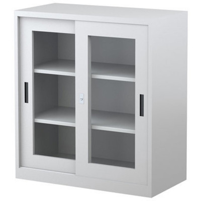Steelco Sliding Glass Door Cupboard 2 Shelves 914W x 465D x 1015mmH White Satin